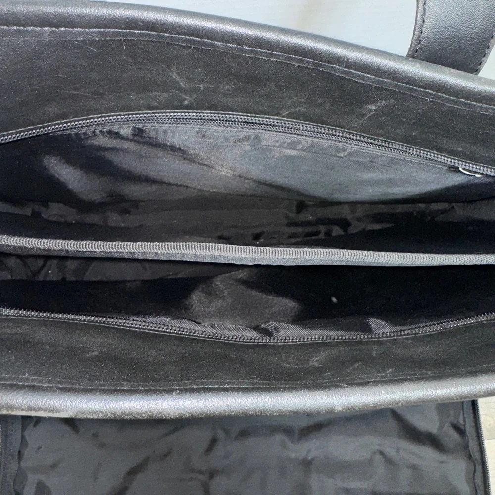 Men's Black Leather Laptop Briefcase with Multiple Pockets and Zippers